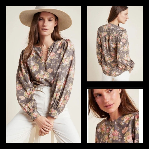 ANTHROPOLOGIE Michaela Peasant Blouse Gray Floral Top - Picture 1 of 2